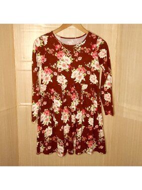 The Children's Place Girls Rust Red Long Sleeve Floral Knit Dress 10-12